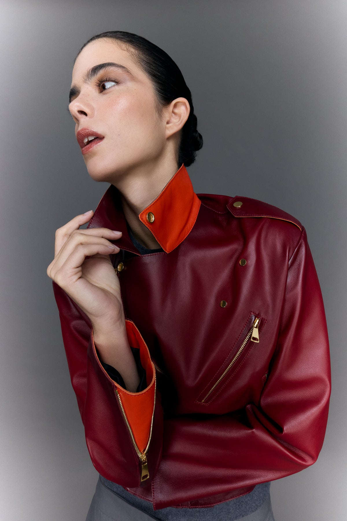 Wine Fumée leather biker jacket by MIETIS – view 4