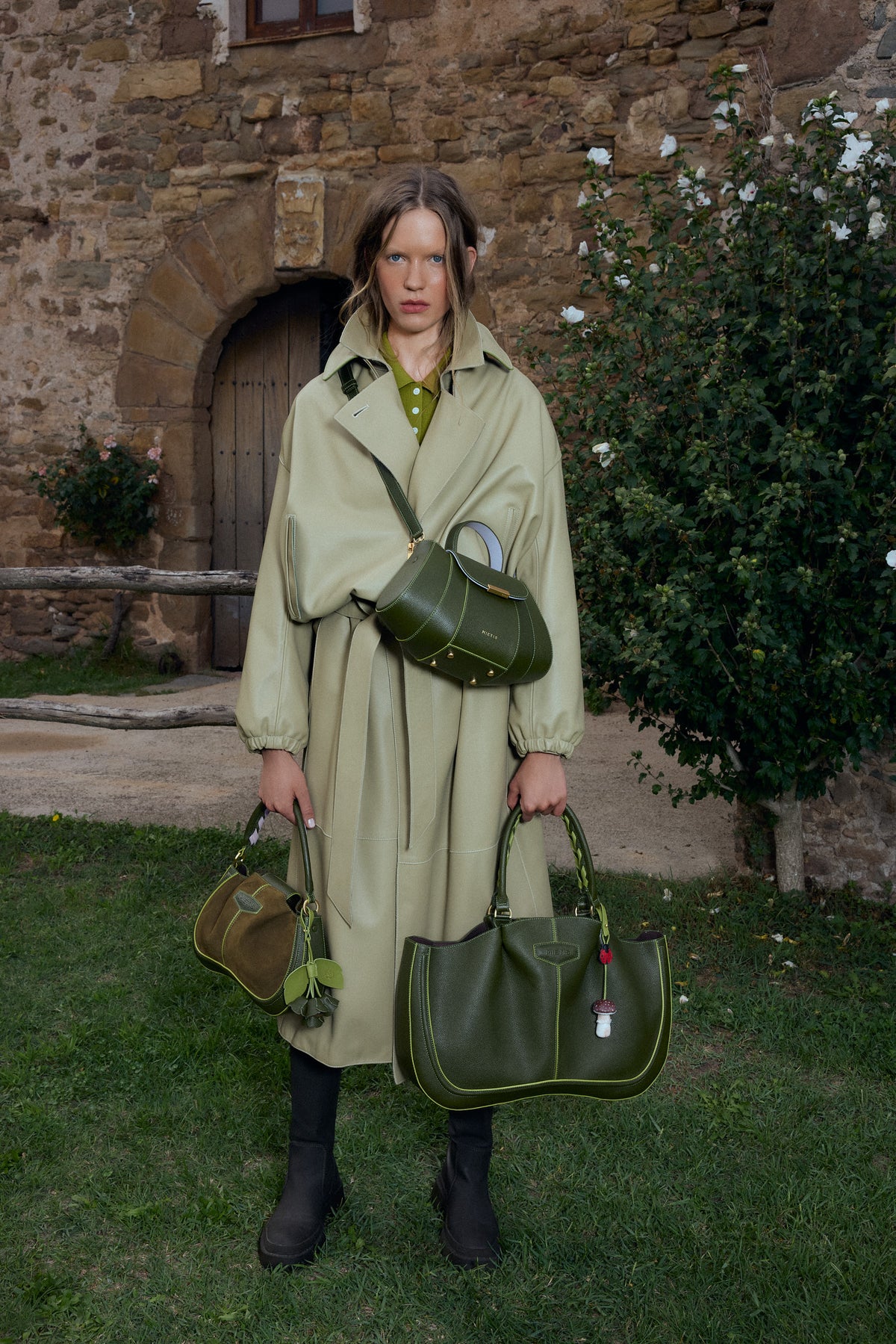 Maxito Cypress Green Suede bag – MIETIS ROOTED Fall.Winter 2026 campaign